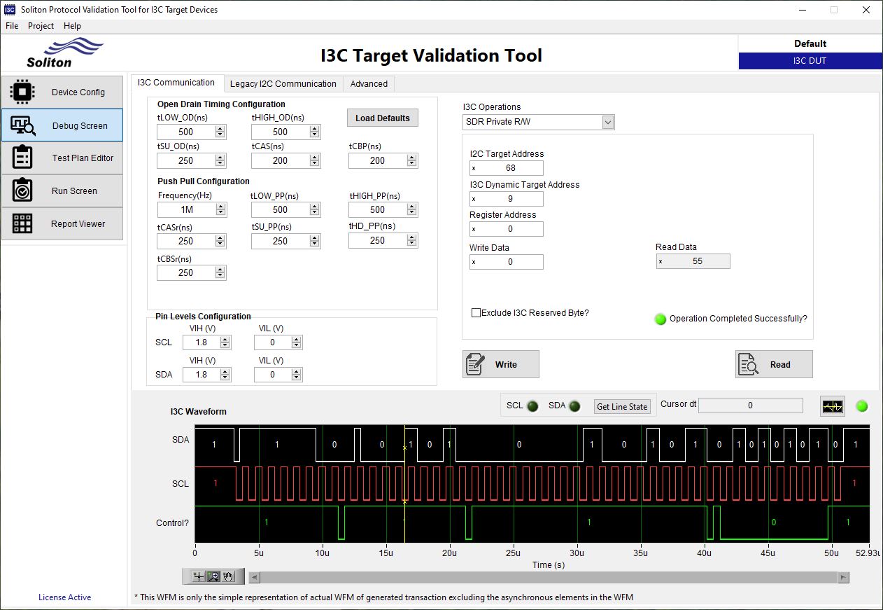 Peek and Poke GUI for interactive debug of the I3C interface. This helps to exercising and debugging the I3C communication manually. User can configure any allowed timing/voltage parameters to debug the transactions. ​